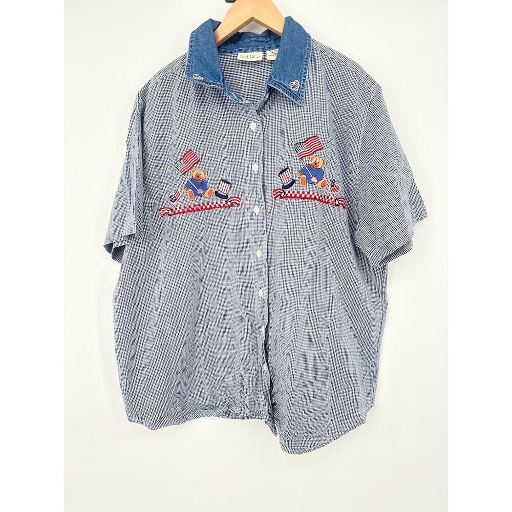 VINTAGE Quizz Shirt 18/20 Embroidered Teddy Bears Patriotic Americana 4th July